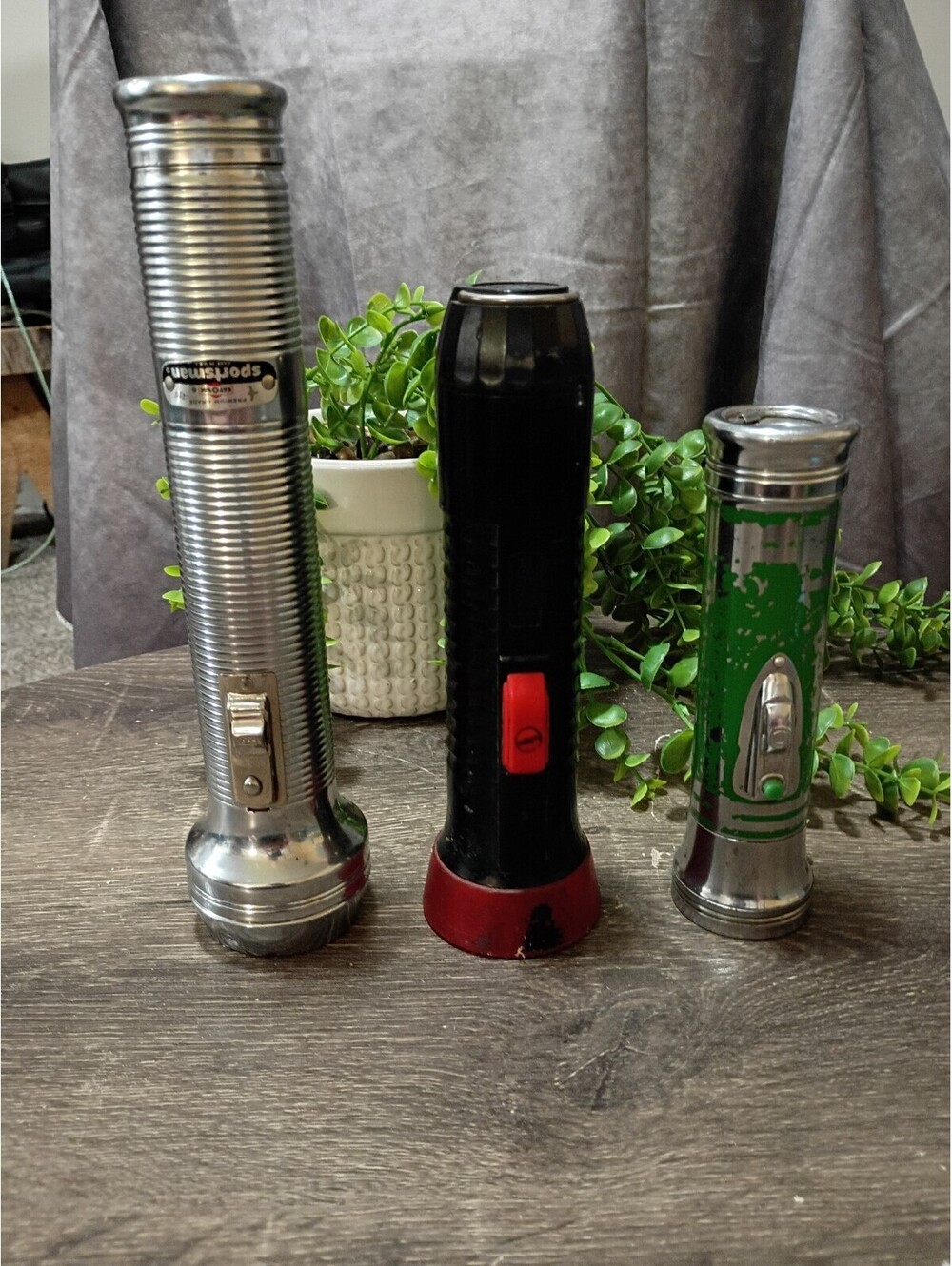 Set of 3 Vintage Flashlights - Sportsman, Eveready, and Green Metal with Switch